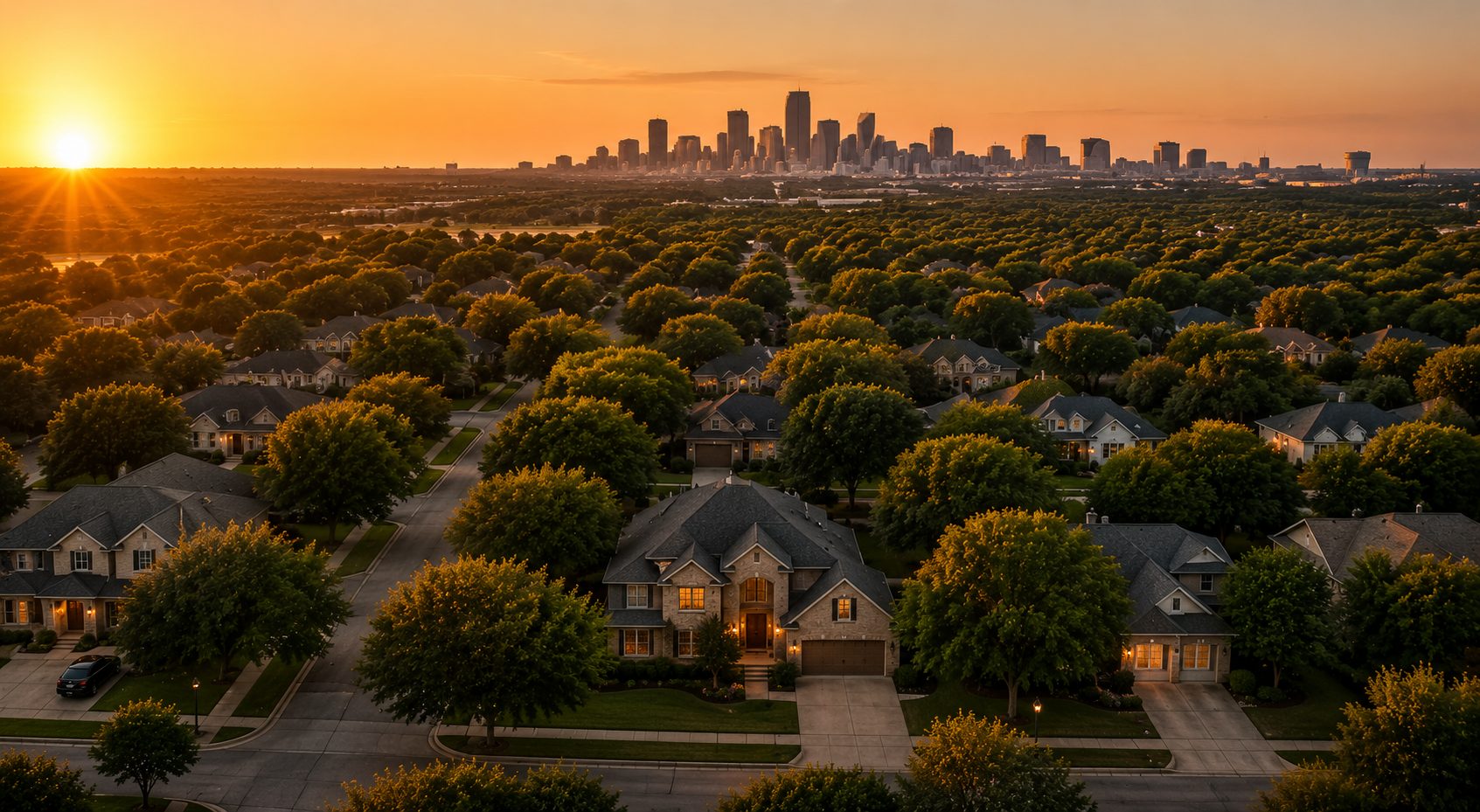 Aerial view of a DFW residential neighborhood with the Dallas skyline at sunset