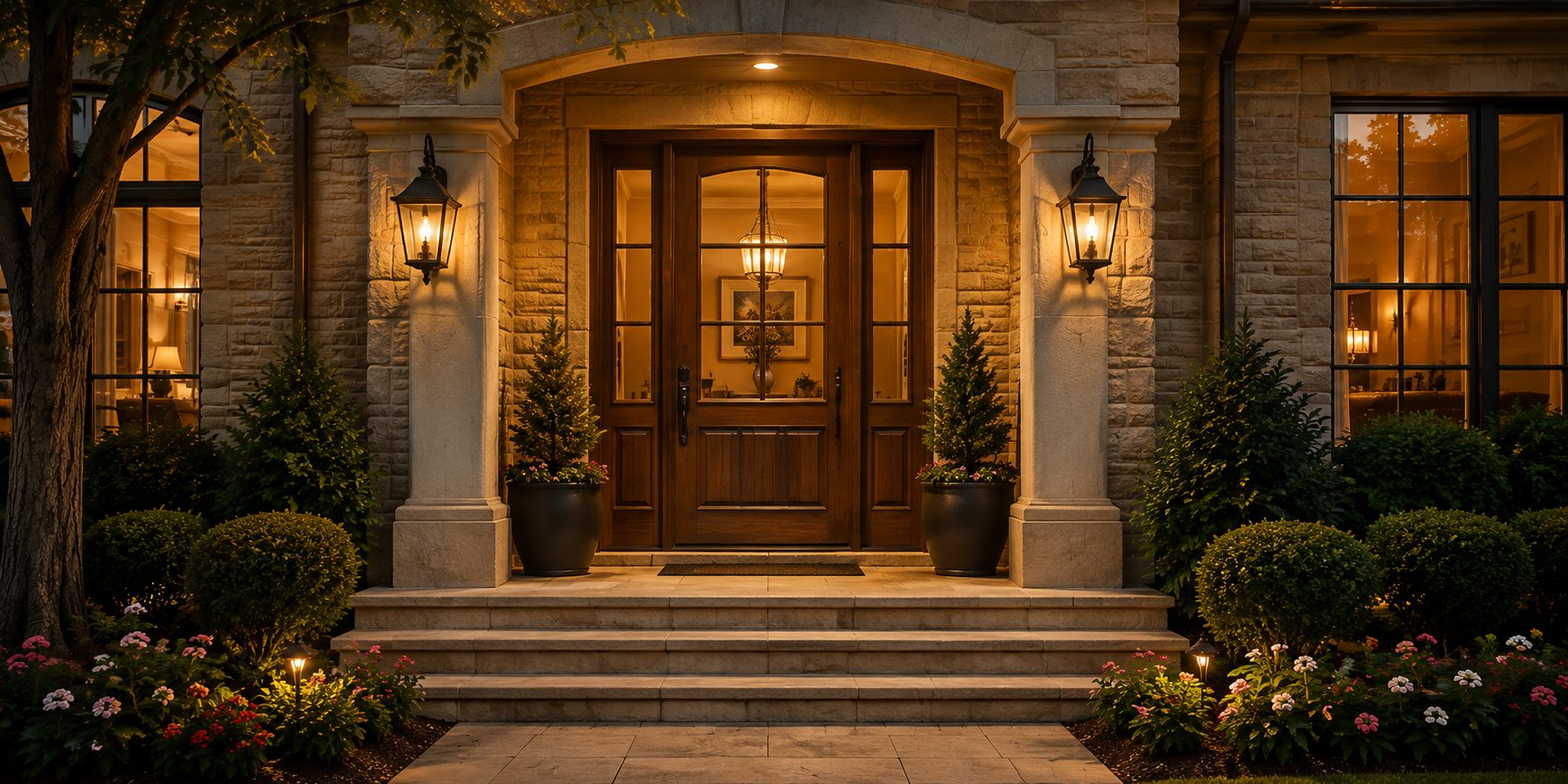 Elegant front entry of a DFW home with warm lantern lighting and a welcoming door