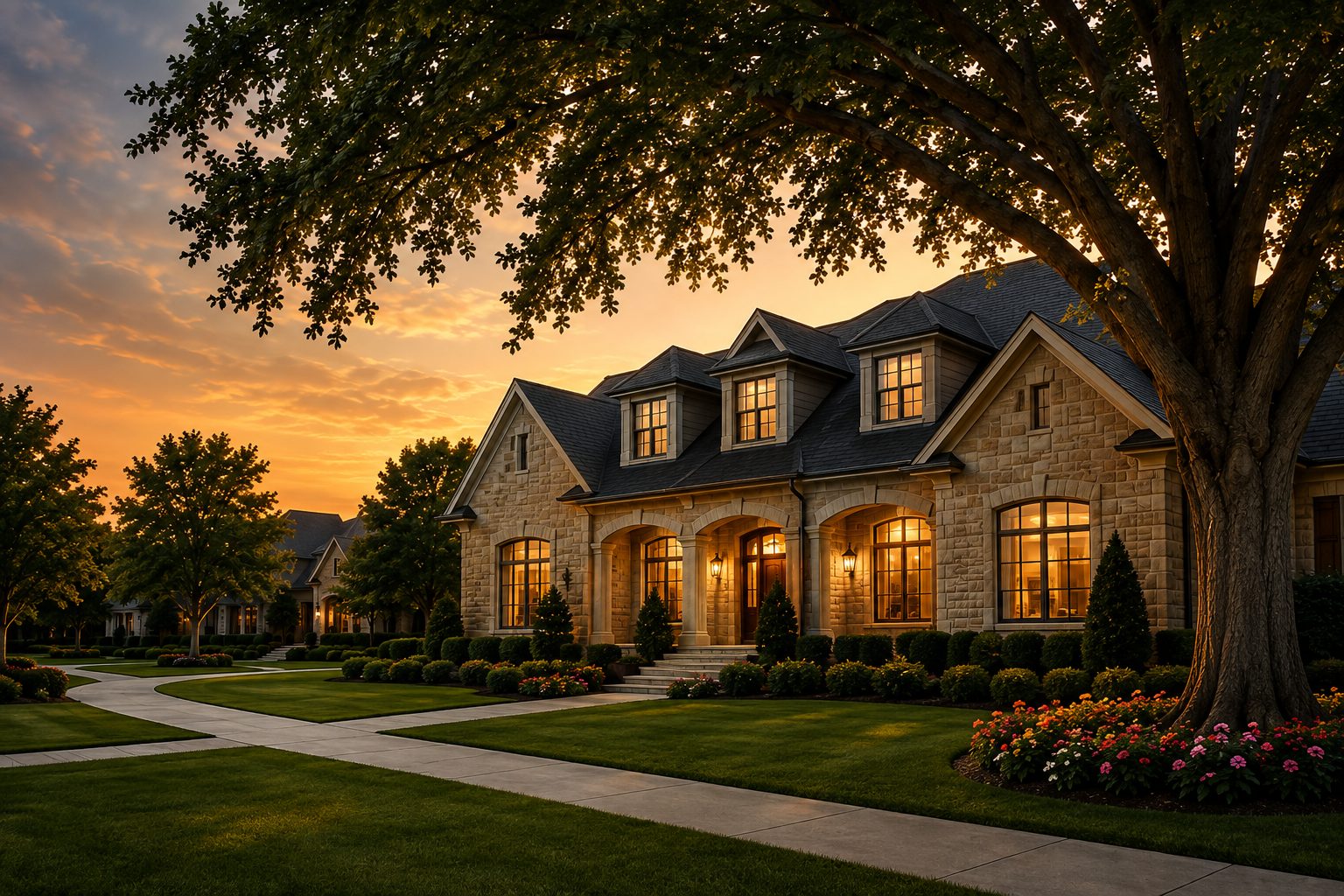 Stone estate home at dusk with warmly lit windows in a Dallas–Fort Worth neighborhood