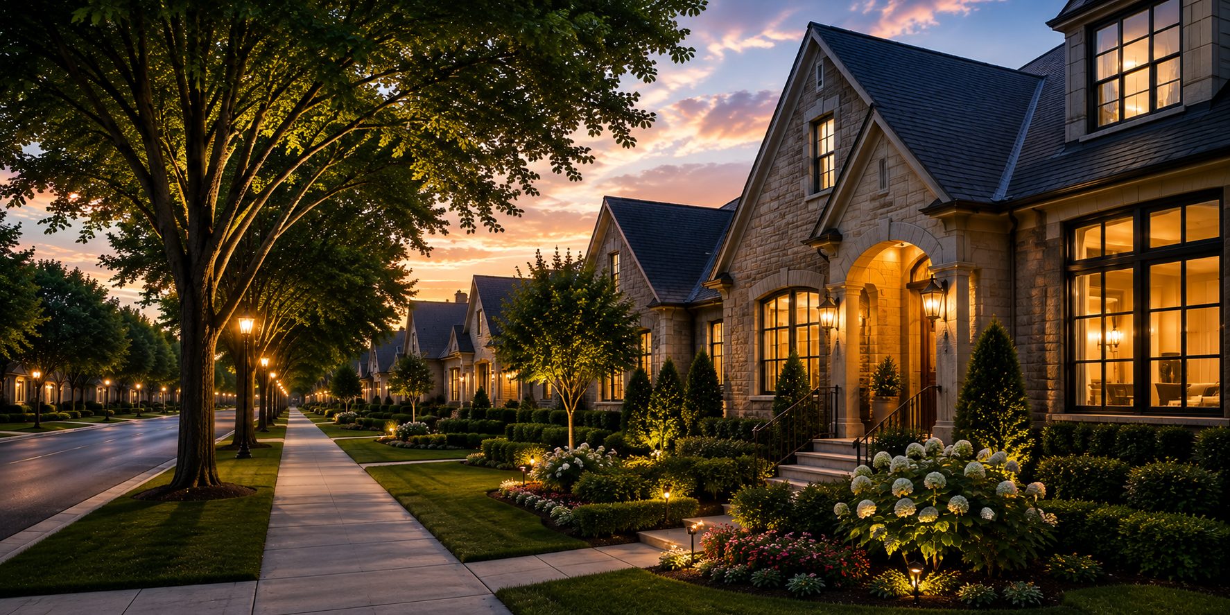 Tree-lined walkway leading to a warmly lit DFW home entrance at dusk