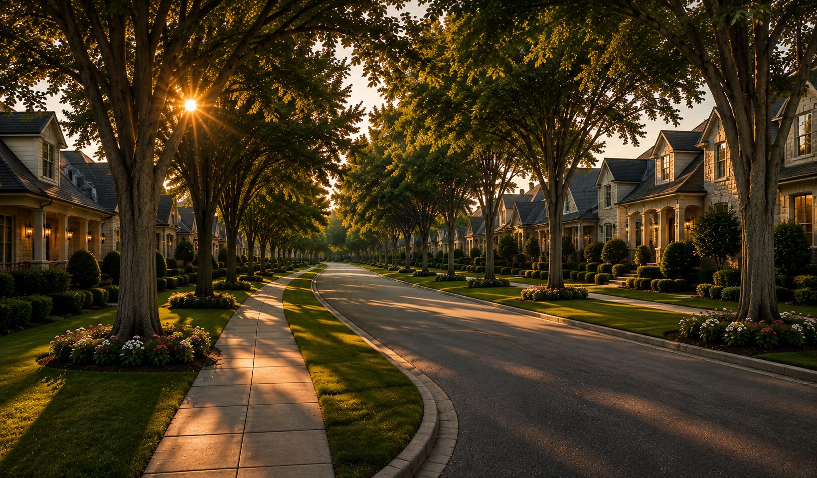 Tree-lined residential street in a DFW neighborhood at golden hour
